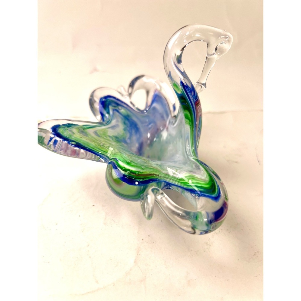 Vintage Hand Blown Art Glass Swan Bowl Blue Green White Swirl Murano Style 4in